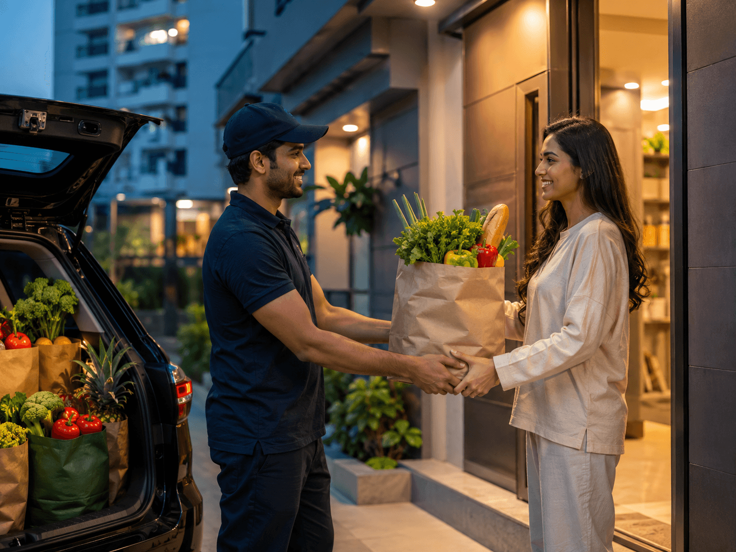 TukVa delivery professional handing groceries to a customer at home