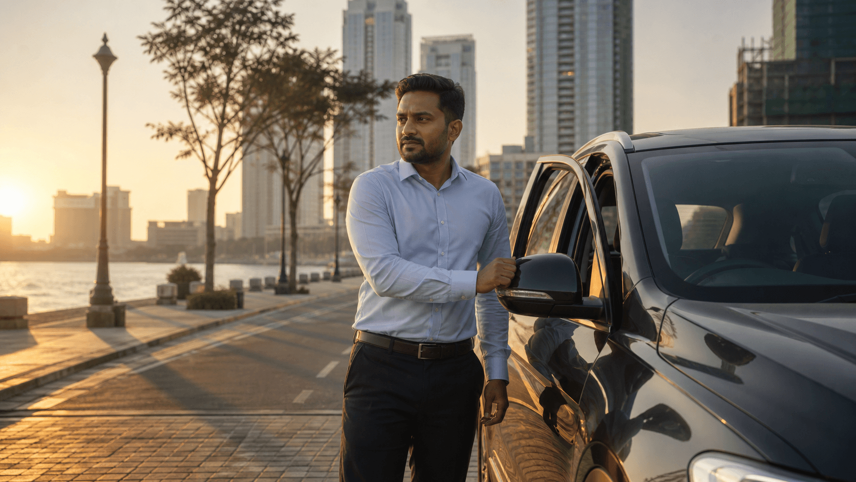 Driver completing a trip at golden hour
