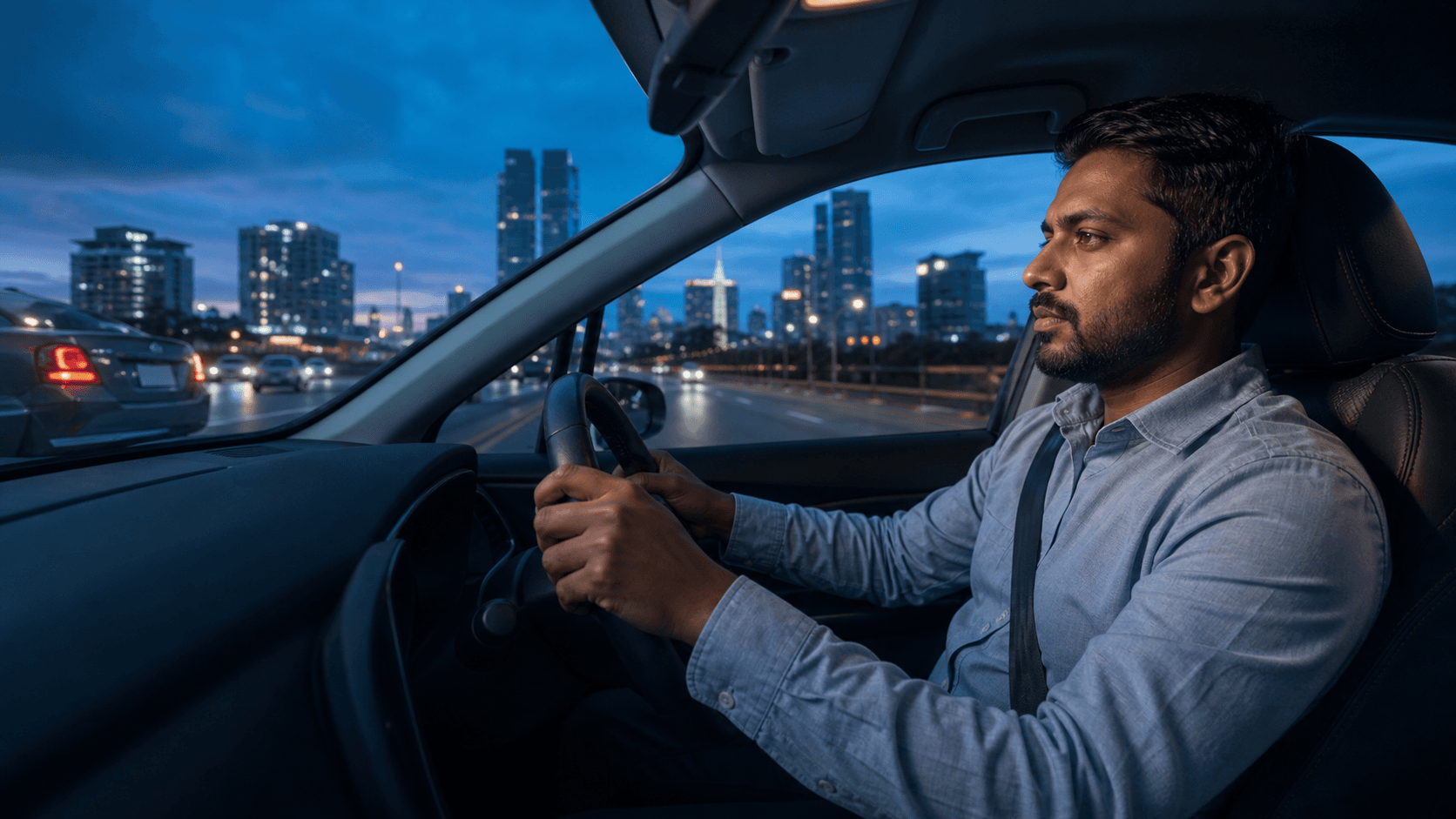 Professional driver at the wheel in Colombo at blue hour