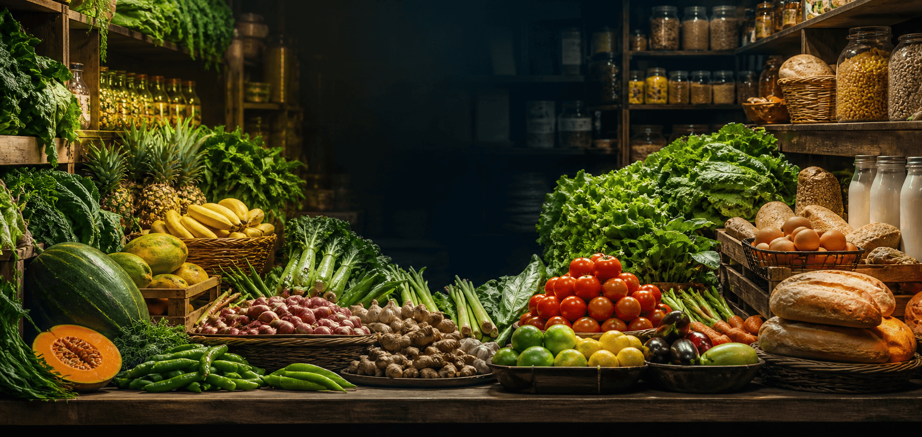 Fresh grocery market with vegetables fruit bakery and grocery essentials