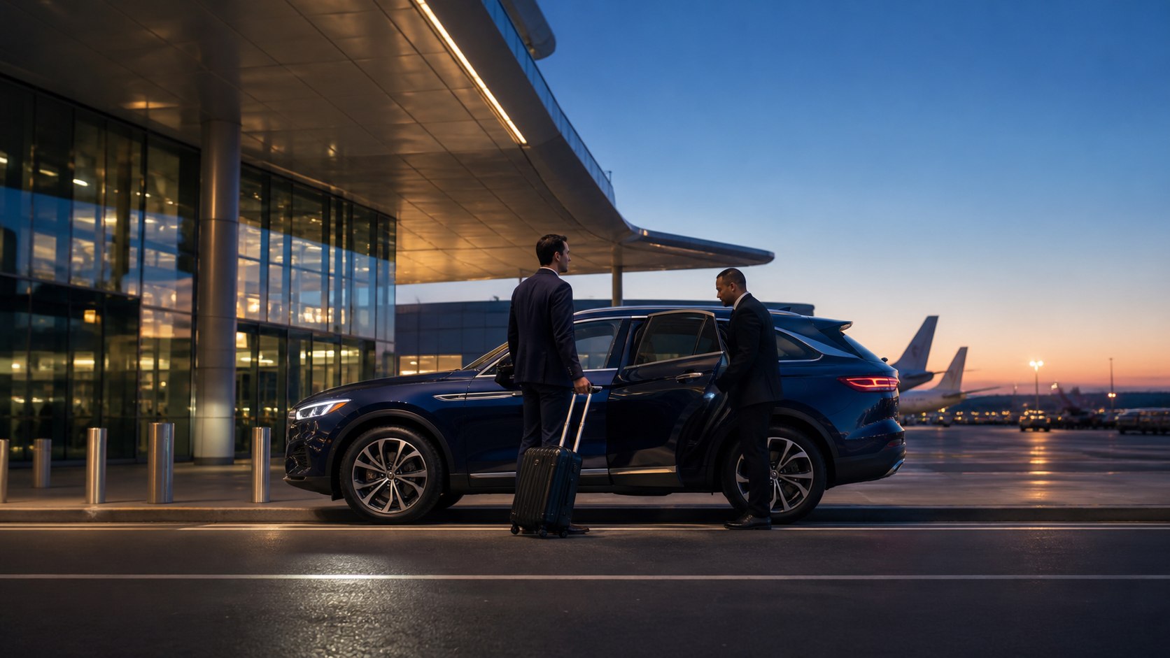 Airport transfer driver assisting a traveler with luggage
